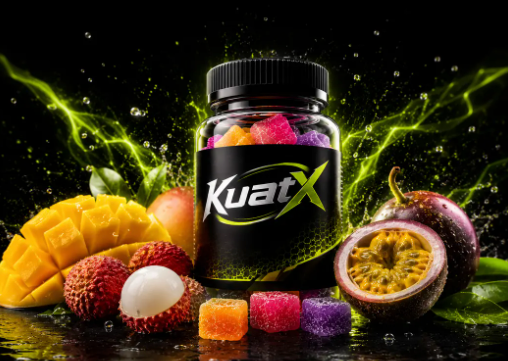 KuatX Performance Electrolyte Gummies bottle and tropical gummies
